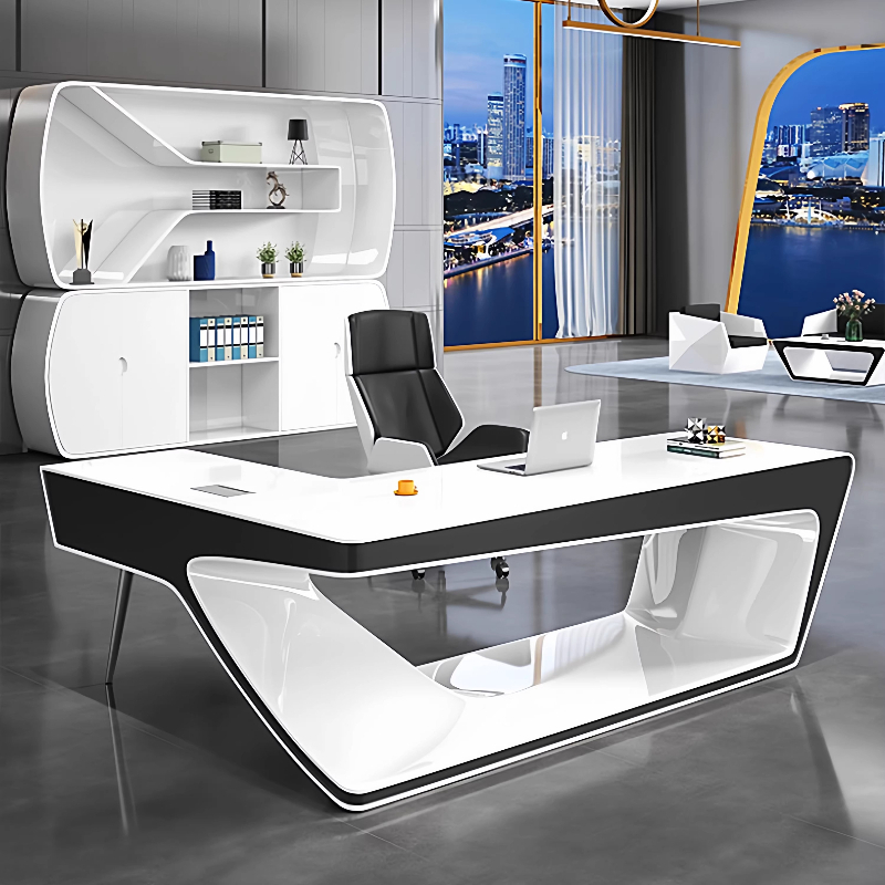 Office Tech Design - Modern minimalistisch L-vormig ontwerp futuristisch tech-sfeer